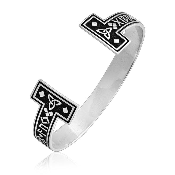 925 Sterling Silver Torc Bracelet With Runes and Triquetra