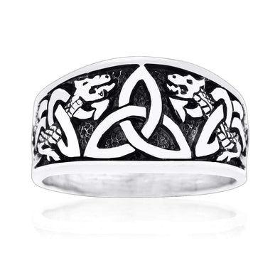 925 Sterling Silver Triquetra Ring with Jormungand Serpents