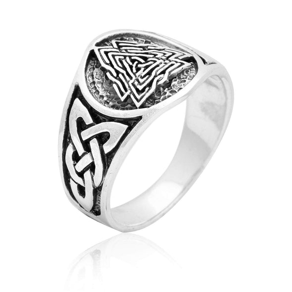 925 Sterling Silver Valknut and Knot Work Signet Ring