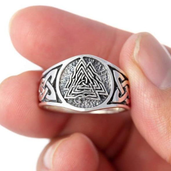 925 Sterling Silver Valknut and Knot Work Signet Ring