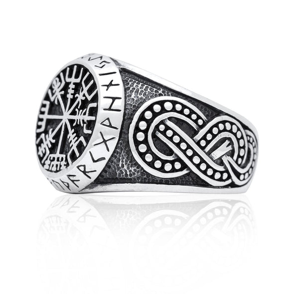 925 Sterling Silver Vegvisir, Runes and Knot-work Ring