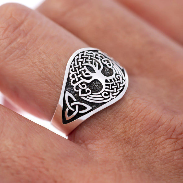 925 Sterling Silver Yggdrasil and Triquetra Ring