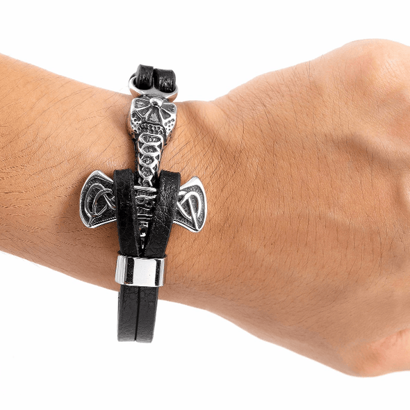 Handcrafted Stainless Steel and Leather Thor's Hammer Wristband