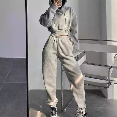 Cropped Top Hoodie and Sweatpants Set