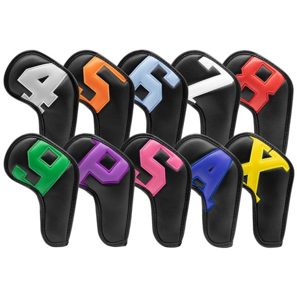 Golf Ultra Protection Iron Clubhead Covers (Iron 4-9 & Wedges) (Black With Rainbow Text)